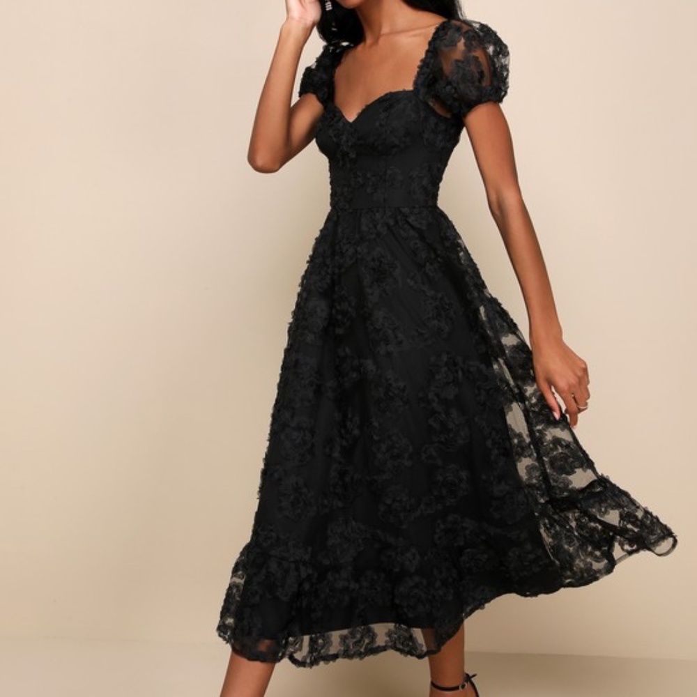 Lulus Notable Elegance Black Mesh Floral Applique Bustier Midi Dress - Size XL
